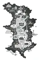 road  map with six names incorporated within, with symbols of America, Mexico, Puerto Rico, Costa Rica, England, Ecuador tattoo design idea