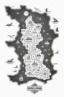 road  map with six names incorporated within, with symbols of America, Mexico, Puerto Rico, Costa Rica, England, Ecuador tattoo design idea