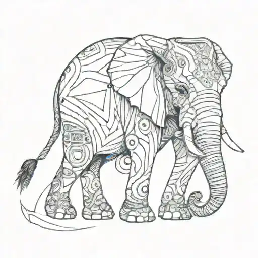 elephant, facing forward, imposing, with symbols around tattoo design idea