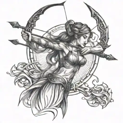 sagitarius godess bow and arrow weapon tattoo design idea