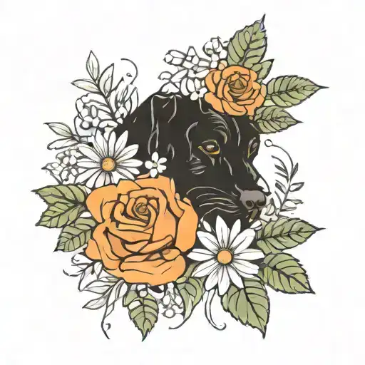 2 black dog paw prints with thin line roses and daisies behind it and lots of thin leaves tattoo design idea