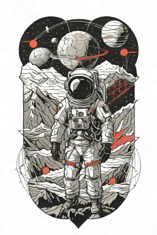 astronaut looking at mountains leading into space with planets with red cracks tattoo design idea