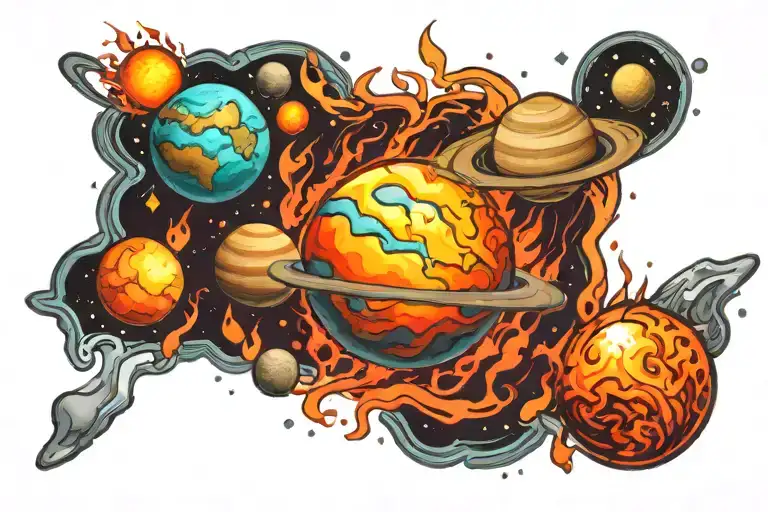 planets solar system with flames tattoo design idea