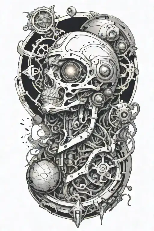 broken machine god looking down at planet tattoo design idea