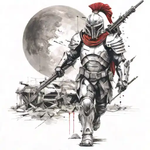spartan in full armor stranded on alien planet tattoo design idea