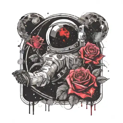 space surrounded by planets with roses tattoo design idea