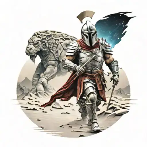 spartan in full armor stranded on alien planet tattoo design idea