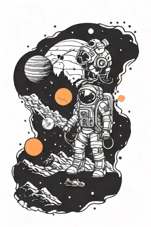 trash polka astronaut looking at mountains leading into space with planets tattoo design idea