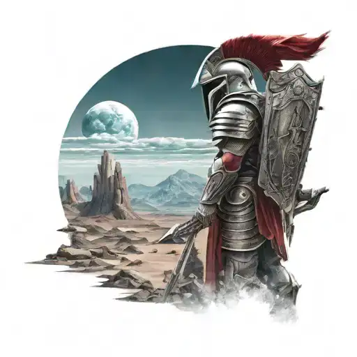 spartan in full armor stranded on alien planet tattoo design idea