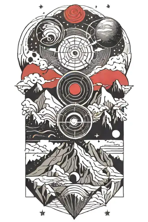 mountains leading into space with planets with red cracks tattoo design idea