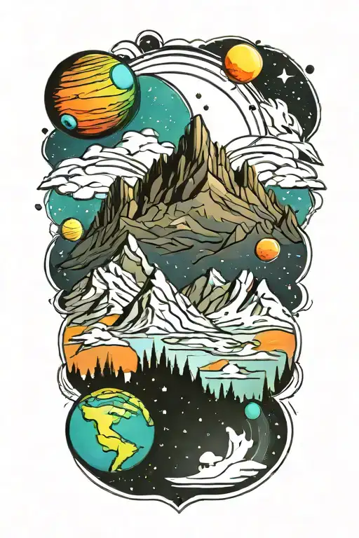 mountains leading into space with planets tattoo design idea