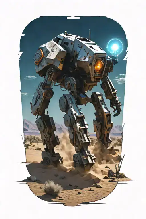 wounded mech walking in desert landscape tattoo design idea