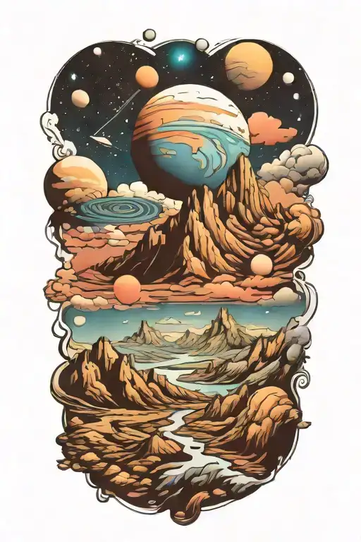 mountains leading into space with planets tattoo design idea