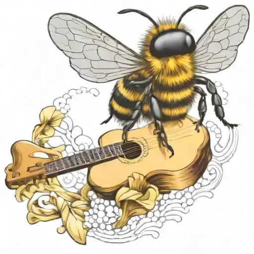 bee with mushroom crown flying on scateboard with a guitar tattoo design idea
