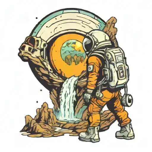 astronaut looking at mountains with waterfall on alien planet  tattoo design idea