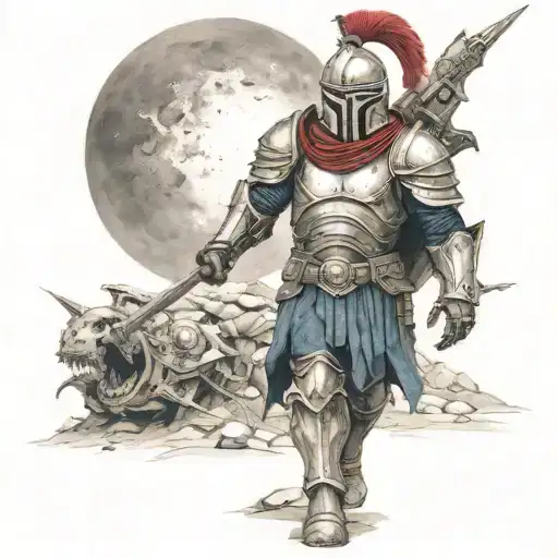 spartan in full armor stranded on alien planet tattoo design idea