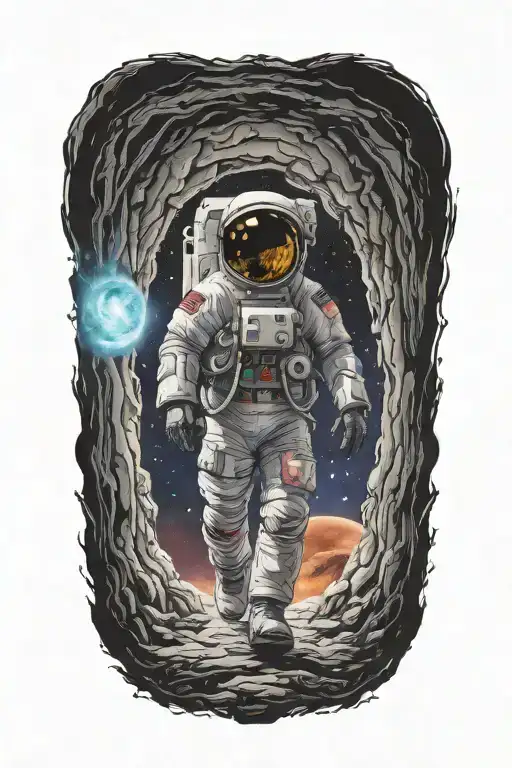 astronaut walking into massive portal radiating darkness tattoo design idea