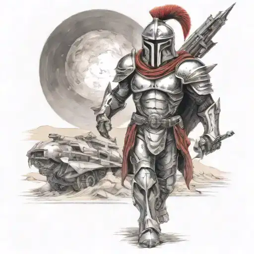 spartan in full armor stranded on alien planet tattoo design idea
