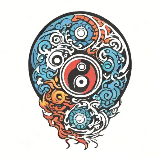 red yin blue yang symbol on fire tattoo design idea