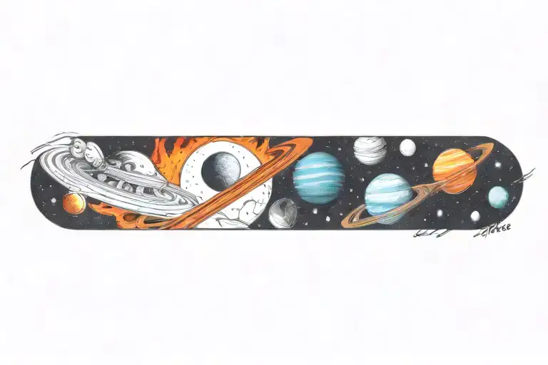 space surrounded by planets with flames tattoo design idea