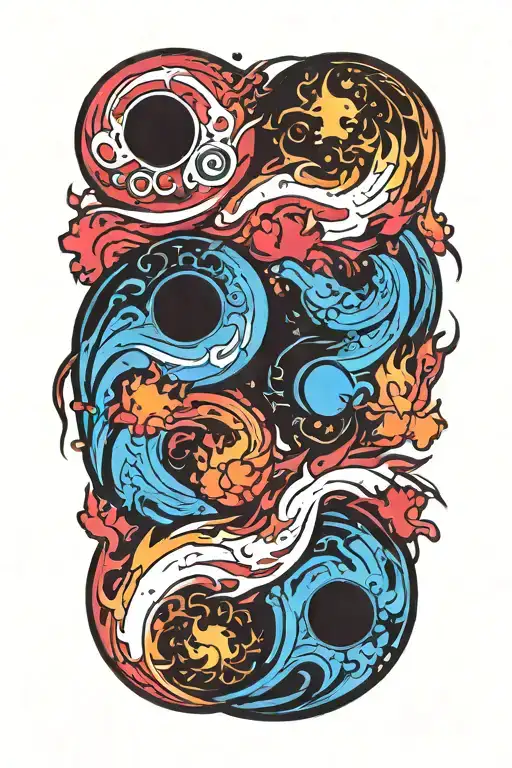 red yin blue yang symbol on fire tattoo design idea