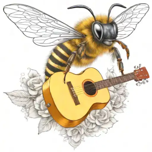 bee flying on scateboard playing guitar tattoo design idea
