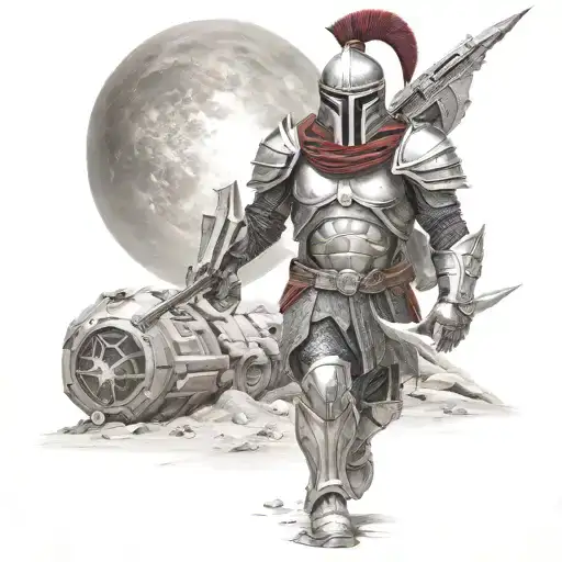 spartan in full armor stranded on alien planet tattoo design idea