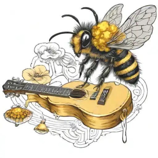 bee with mushroom crown flying on scateboard with a guitar tattoo design idea