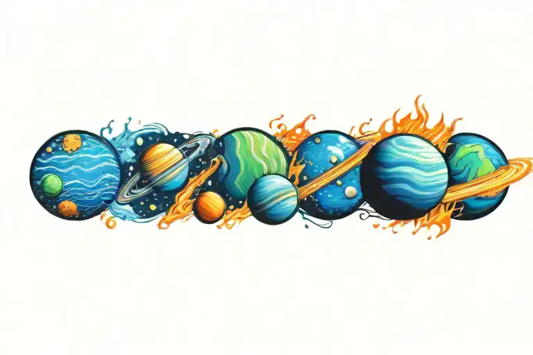 planets solar system with flames tattoo design idea
