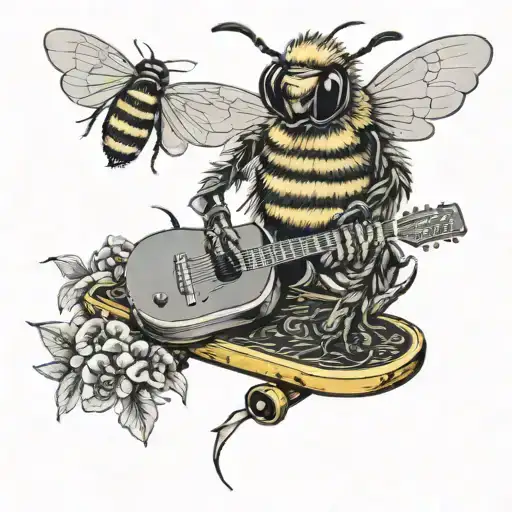 bee playing on guitar skateboard tattoo design idea