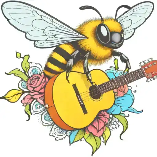 bee flying on scateboard playing guitar tattoo design idea