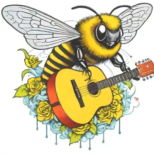 bee flying on scateboard playing guitar tattoo design idea