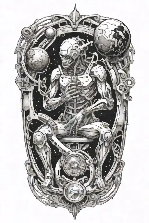 broken machine god looking down at planet sin space tattoo design idea