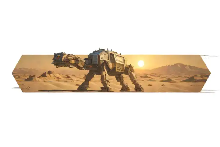 mech walking in desert landscape tattoo design idea