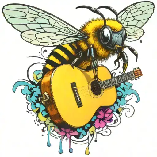 bee flying on scateboard playing guitar tattoo design idea