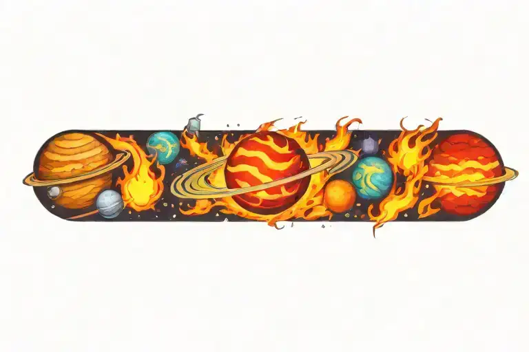 space surrounded by planets with flames tattoo design idea