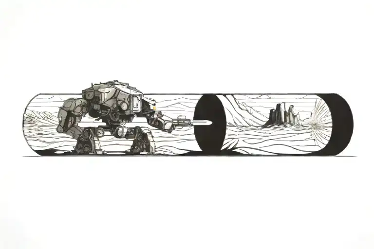 wounded mech walking in desert landscape tattoo design idea