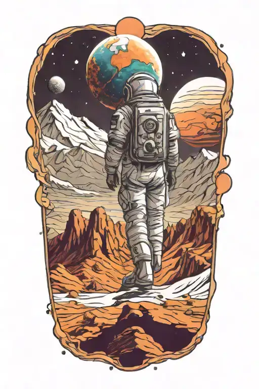 astronaut looking at mountains leading into space with planets tattoo design idea