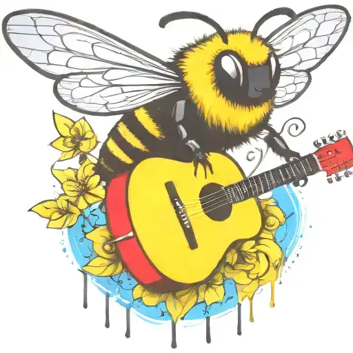 bee flying on scateboard playing guitar tattoo design idea