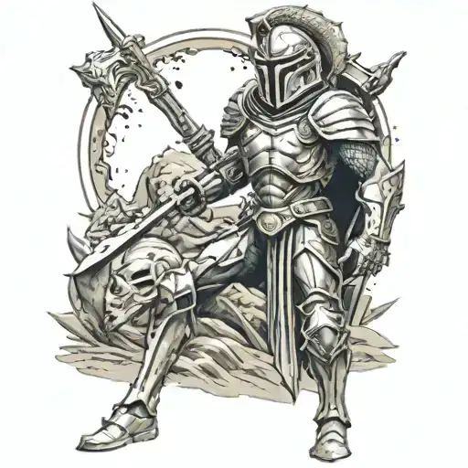 spartan in full armor stranded on alien planet tattoo design idea