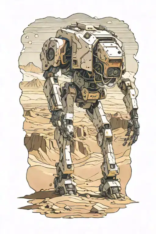 wounded human like mech walking in desert landscape tattoo design idea