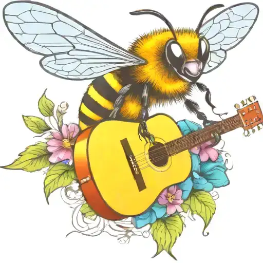 bee flying on scateboard playing guitar tattoo design idea