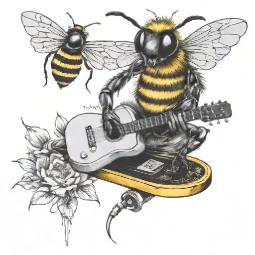 bee playing on guitar skateboard tattoo design idea