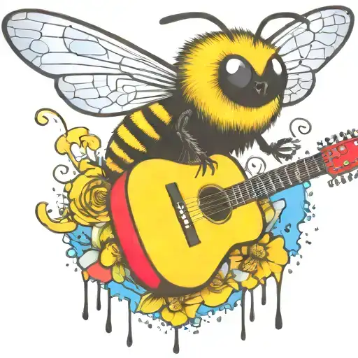 bee flying on scateboard playing guitar tattoo design idea