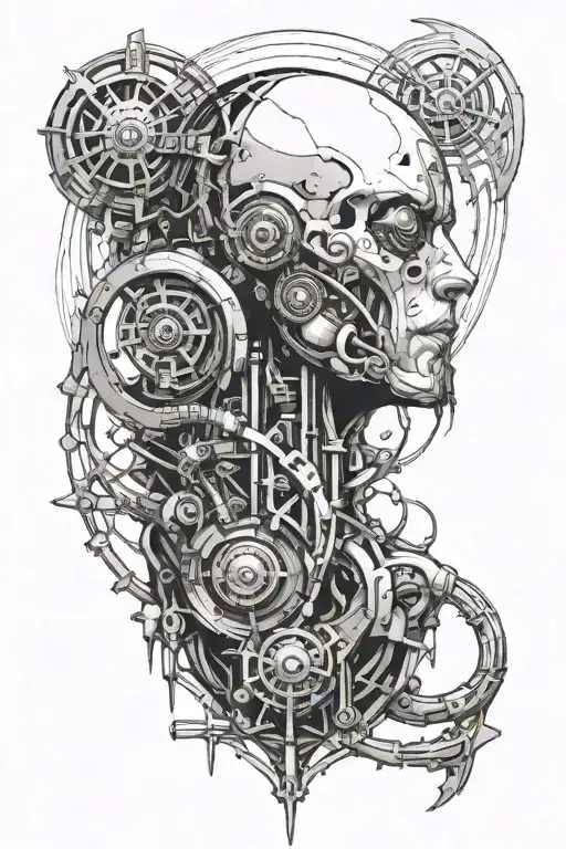 broken machine god looking down at planet sin space tattoo design idea