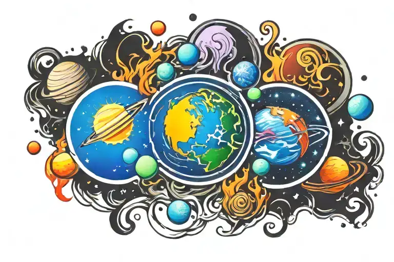 planets solar system with flames tattoo design idea