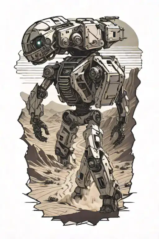 wounded human like mech walking in desert landscape tattoo design idea