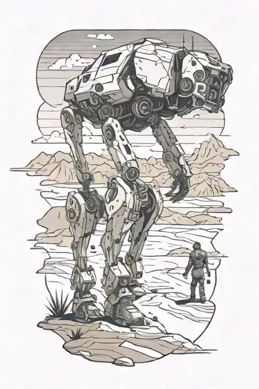 wounded human like mech walking in desert landscape tattoo design idea