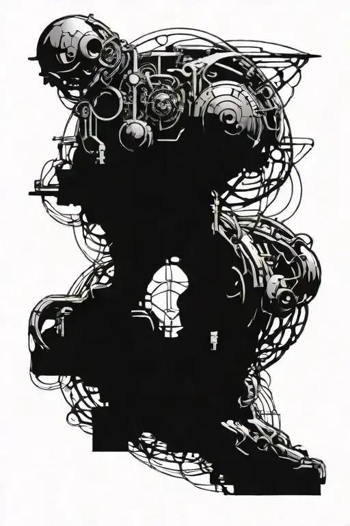 broken machine god looking down at planet sin space tattoo design idea