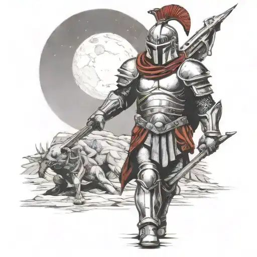 spartan in full armor stranded on alien planet tattoo design idea